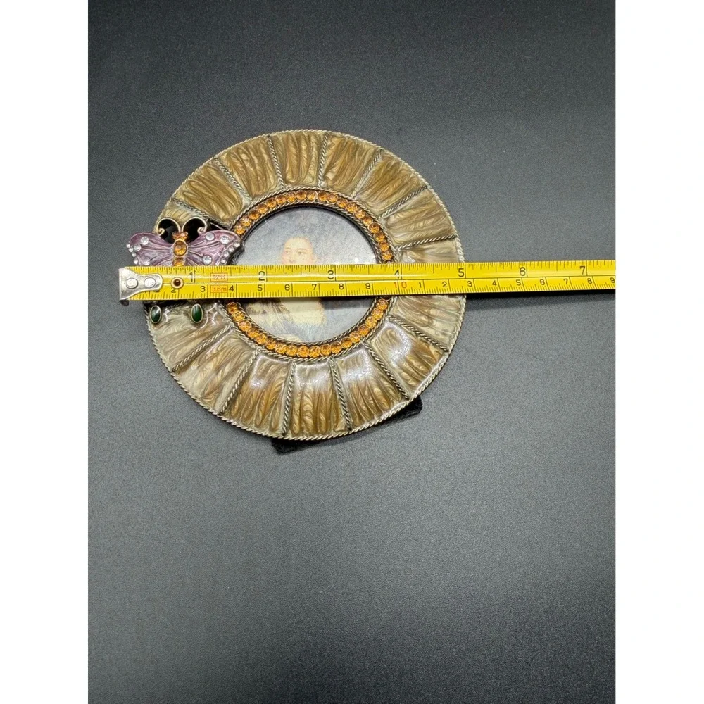 Vintage‎ Enamel Butterfly Round Picture Frame Rhinestone Sunburst Gold Tone 4.5